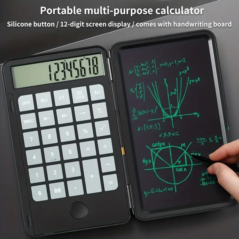 LCD Writing Tablet Calculator & Digital Notepadwith a handwriting board on a dark background