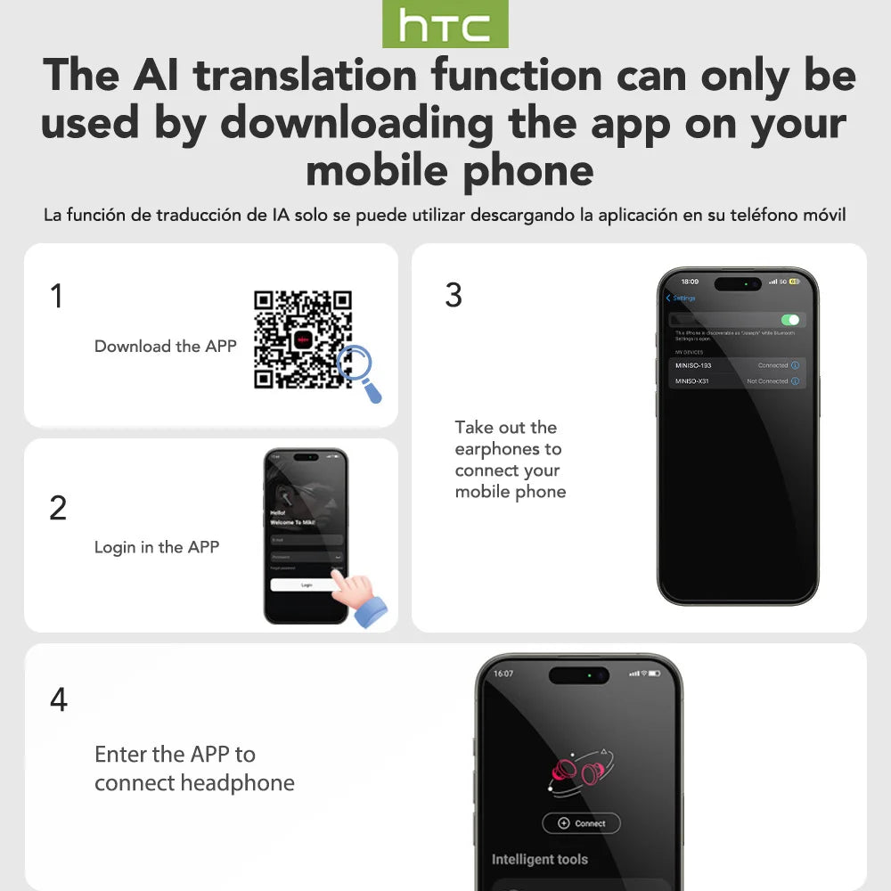 An instructional graphic in English and Spanish explaining how to use an HTC AI translation function. It shows four numbered steps with screenshots of a mobile app and a smartphone, including a QR code and app login screen.