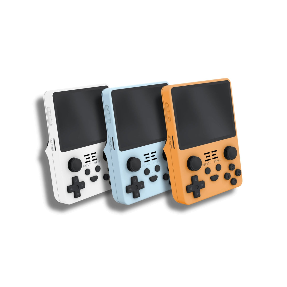 Three handheld Retro arcade gaming consolein white, blue, and orange on a white background