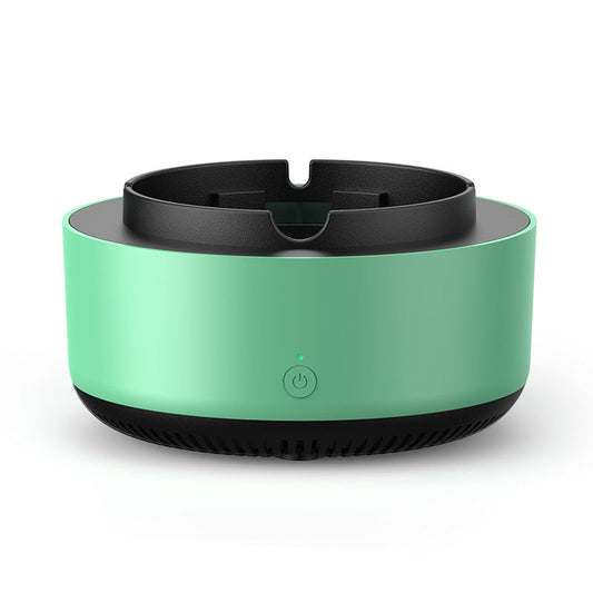 Green and black Smart Smoke-Reducing Ashtray with Air Filtration with power symbol on a white background