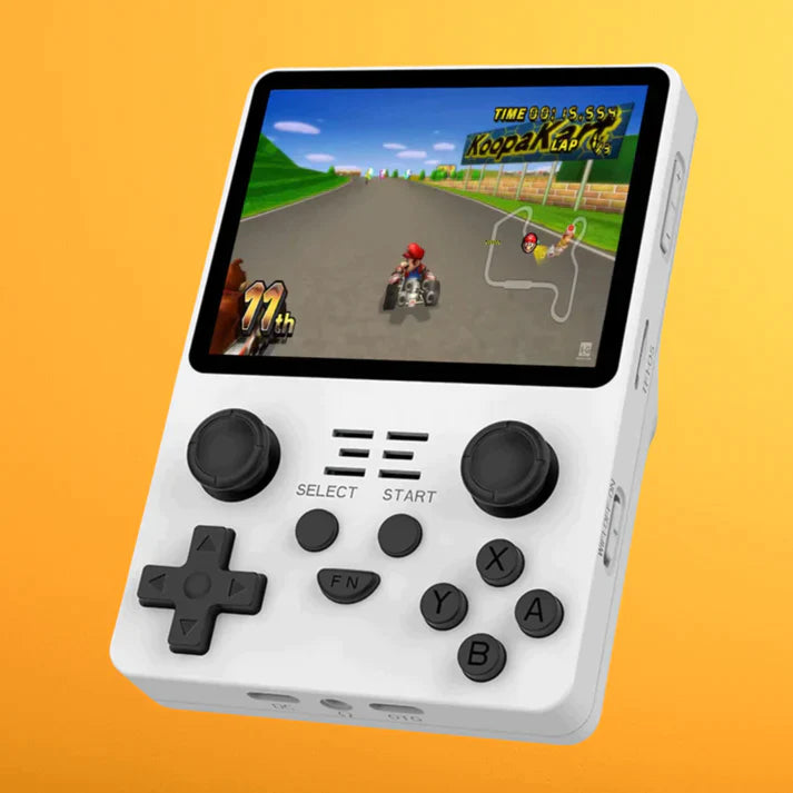 Retro arcade gaming console with a screen displaying a racing game on an orange background