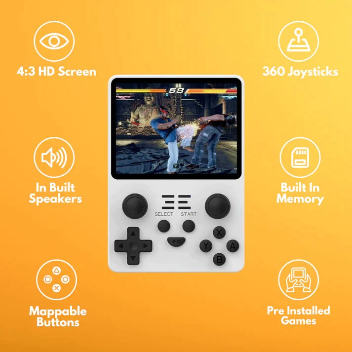 Retro arcade gaming console  with features highlighted on a yellow background
