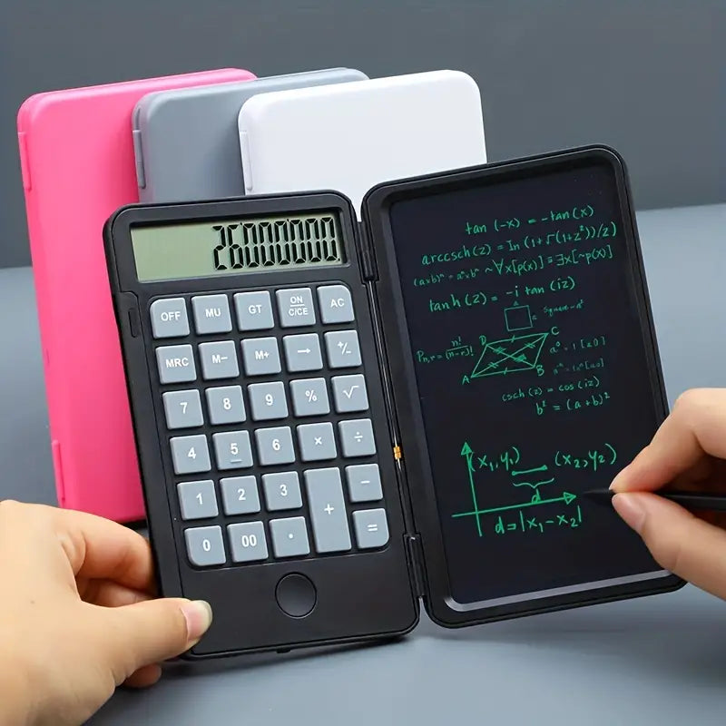 LCD Writing Tablet Calculator & Digital Notepad with a small screen displaying mathematical equations, held by a person.