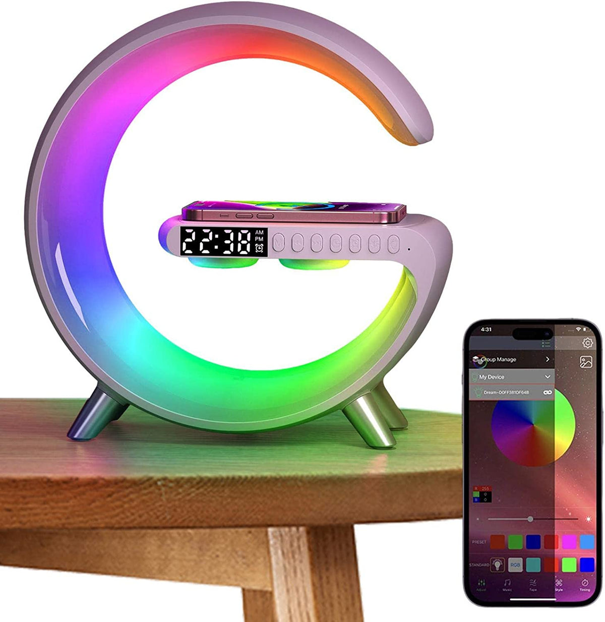 Colorful round smart lamp with digital display and smartphone app on a wooden surface