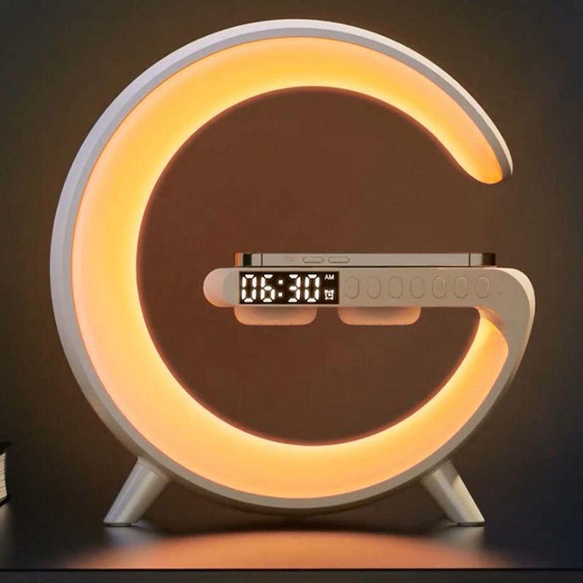  crescent moon-shaped night light with digital clock display on a dark background Smart bedside lamp charging a compatible smartphone