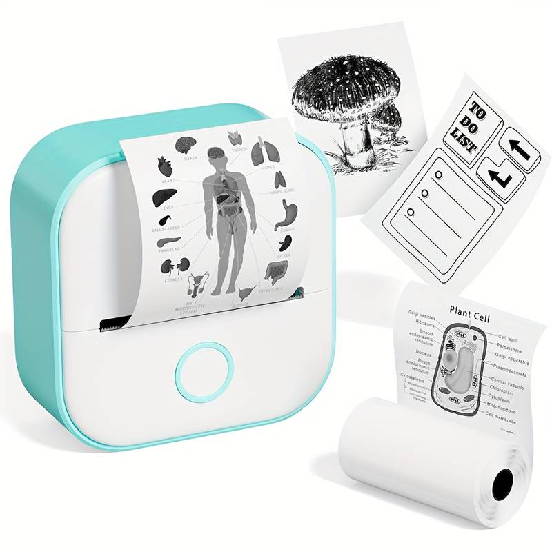 Mini portable thermal printer with printed materials on a white background