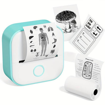 Mini portable thermal printer with printed materials on a white background