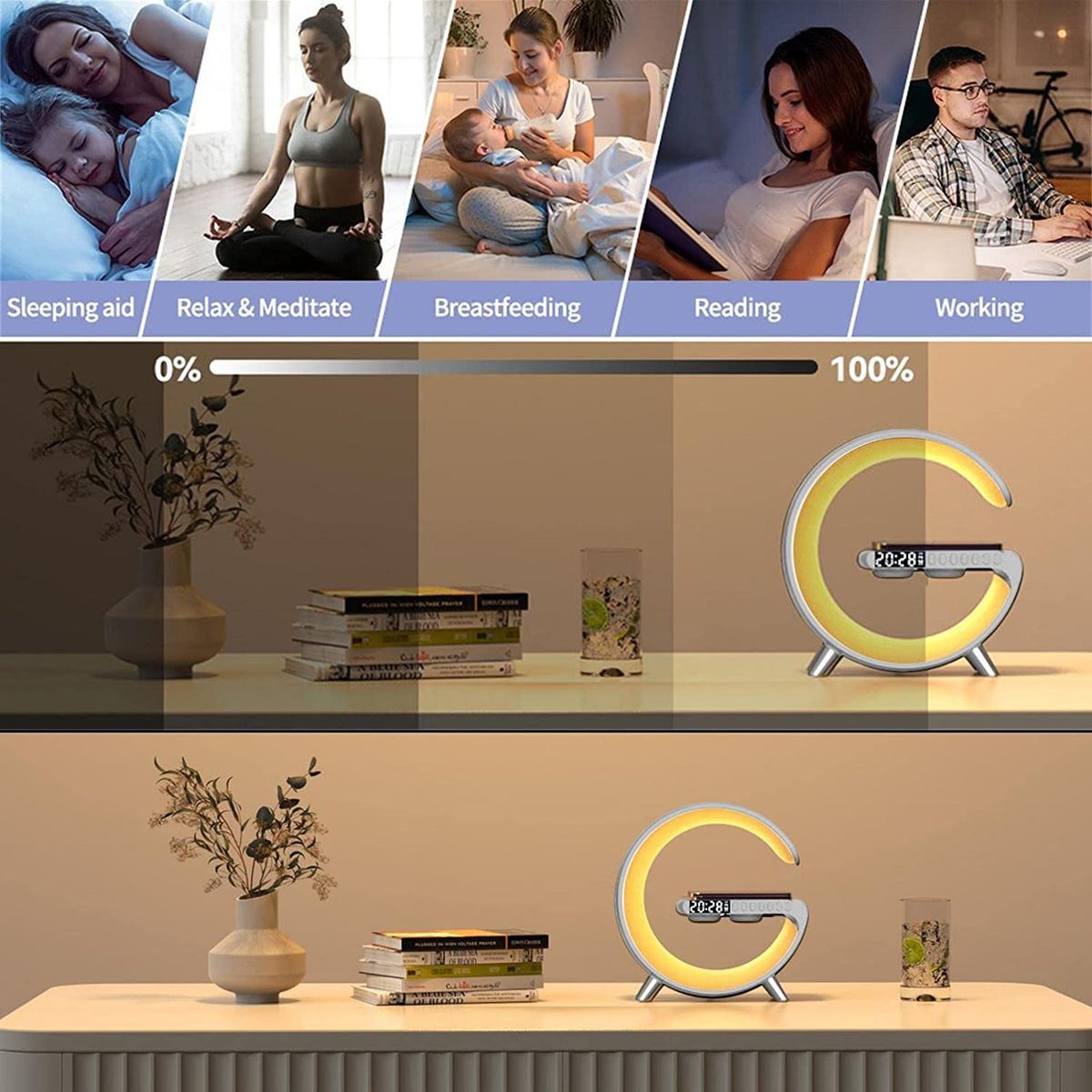 Collage of a woman with a baby, a woman reading, and a man working, with a focus on a Smart bedside lamp charging a compatible smartphone 