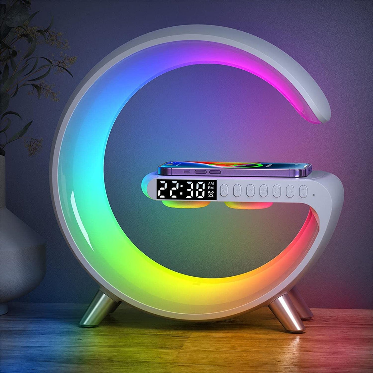 Colorful crescent moon-shaped lamp with Smart LED Bedside Alarm and Lamp with Wireless Charger.