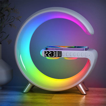 Colorful crescent moon-shaped lamp with Smart LED Bedside Alarm and Lamp with Wireless Charger.