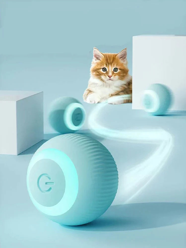 Turquoise Interactive Smart Pet Ball for Cats & Dogswith a cat on a light blue background