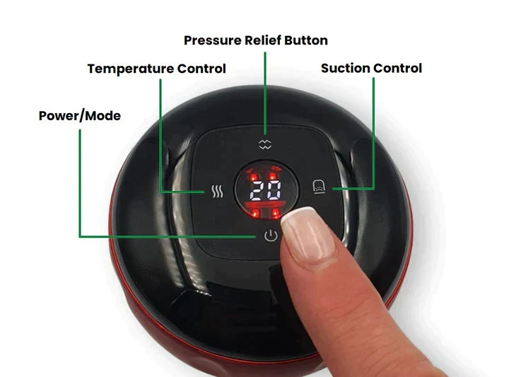 Control panel SmartCup Dynamic Cupping Therapy Massager  with labeled buttons and a hand pressing the power button.