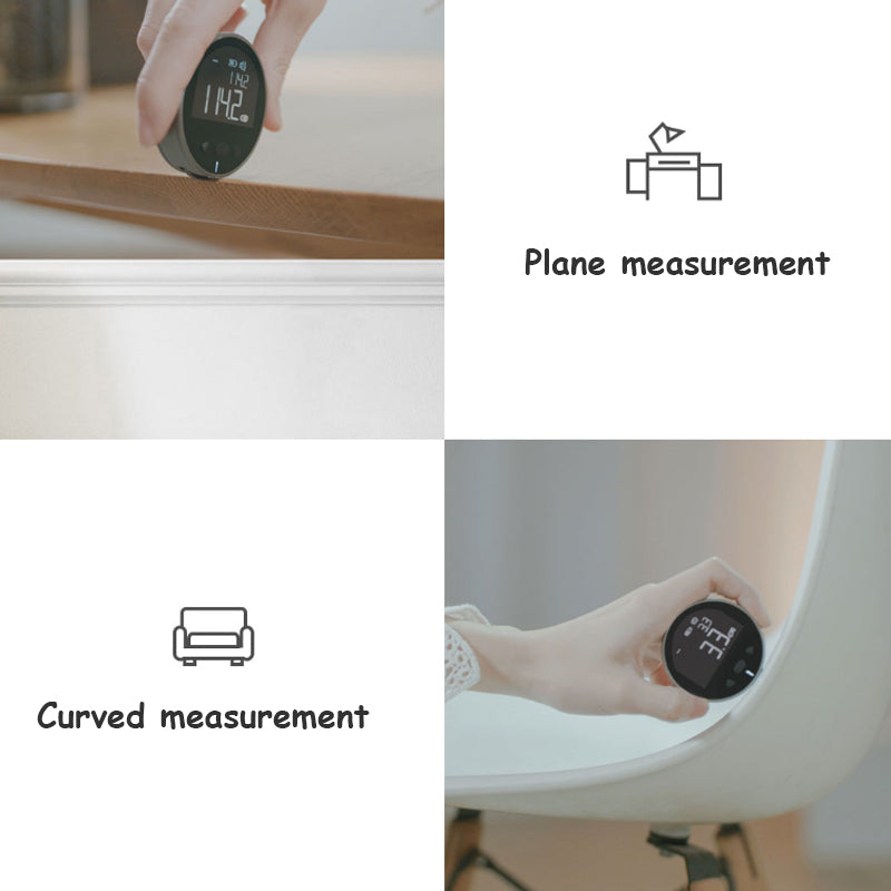 Smart Digital Measuring Tape with LCD Displaybeing used to measure plane and curved surfaces with icons and text labels.