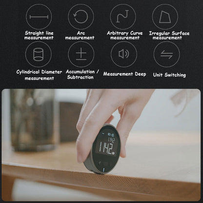 Smart Digital Measuring Tape with LCD Display with measurement functions displayed on a screen, held by a hand.
