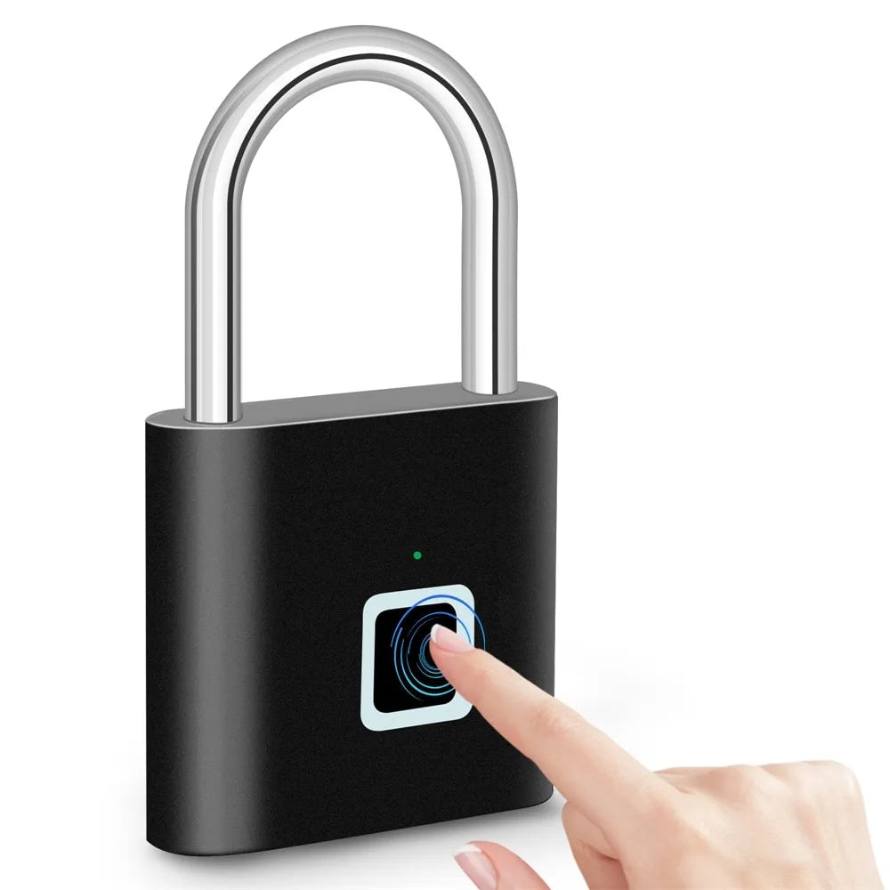 Smart fingerprint padlock with keyless unlocking with a silver shackle and a touch-sensitive fingerprint scanner on the front, shown with a finger pressing the scanner against a white background.