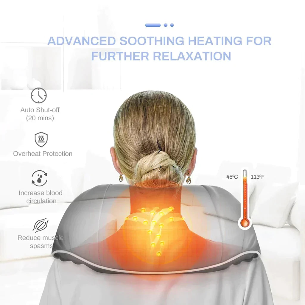 Person using Electric Neck & Shoulder Massager for Home & Travel with text on advanced soothing heating features.
