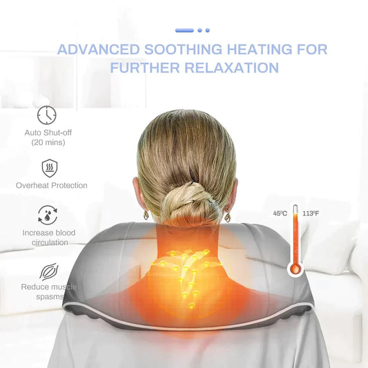 Person using Electric Neck & Shoulder Massager for Home & Travel with text on advanced soothing heating features.