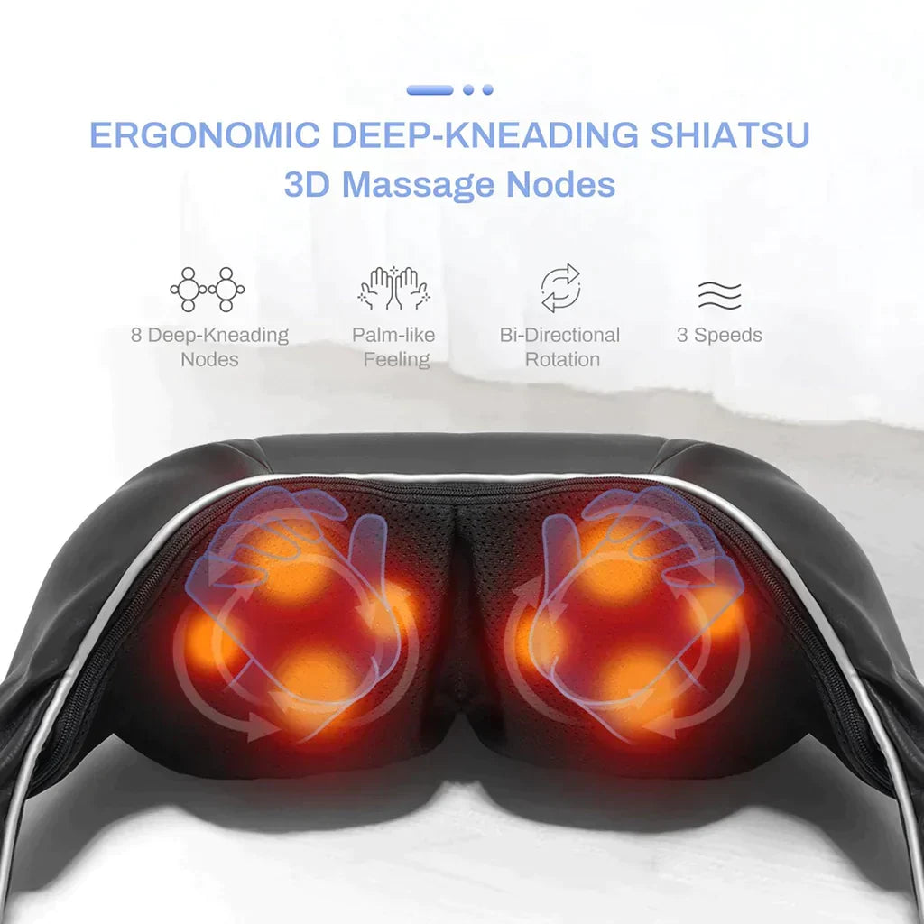 Ergonomic deep-kneading shiatsu Electric Neck & Shoulder Massager for Home & Travel with glowing nodes on a white background