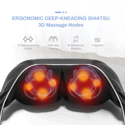 Ergonomic deep-kneading shiatsu Electric Neck & Shoulder Massager for Home & Travel with glowing nodes on a white background