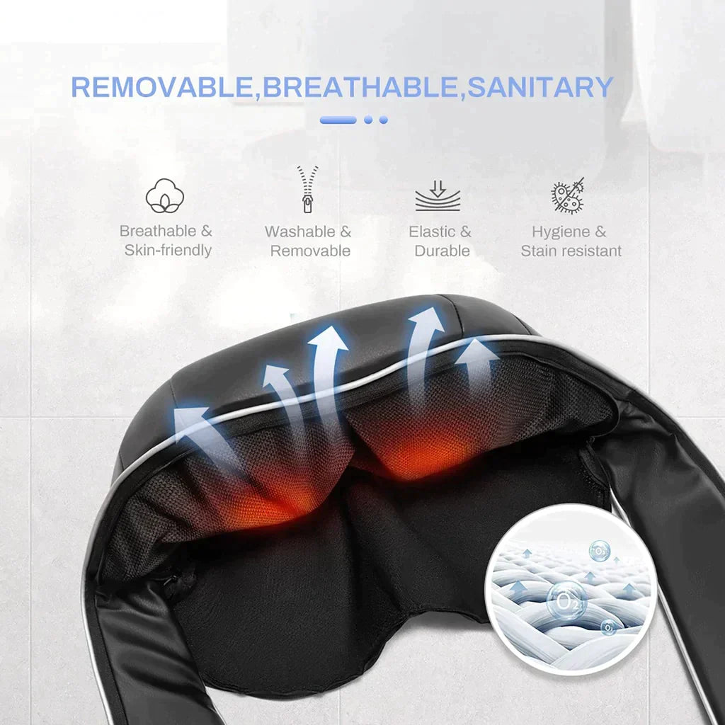 Electric Neck & Shoulder Massager for Home & Travel with text highlighting features like 'Removable, Breathable, Sanitary' on a white background.