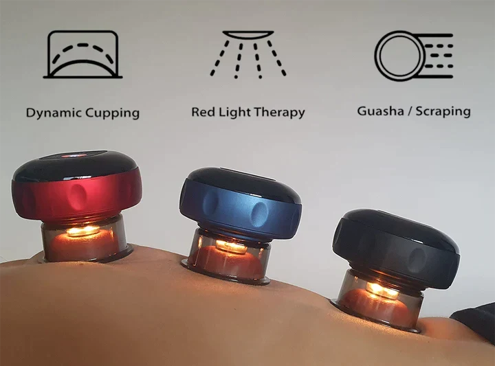 SmartCup Dynamic Cupping Therapy Massager  for Dynamic Cupping, Red Light Therapy, and Guasha/Scraping on a person's back with corresponding icons above.