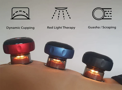 SmartCup Dynamic Cupping Therapy Massager  for Dynamic Cupping, Red Light Therapy, and Guasha/Scraping on a person's back with corresponding icons above.