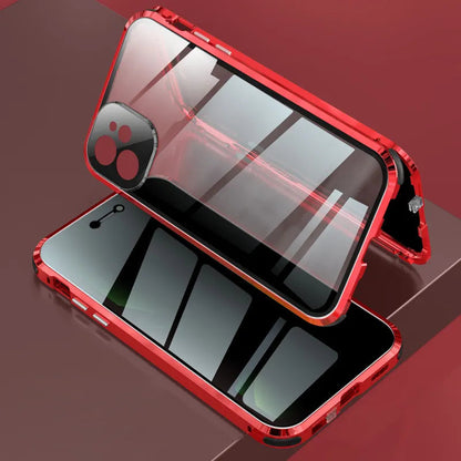 Red Anti-Spy Phone Privacy Screen Protector with reflective surface on a red background