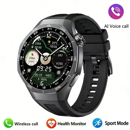 LAXASFIT smartwatch with a black strap on a white background, displaying various functions.