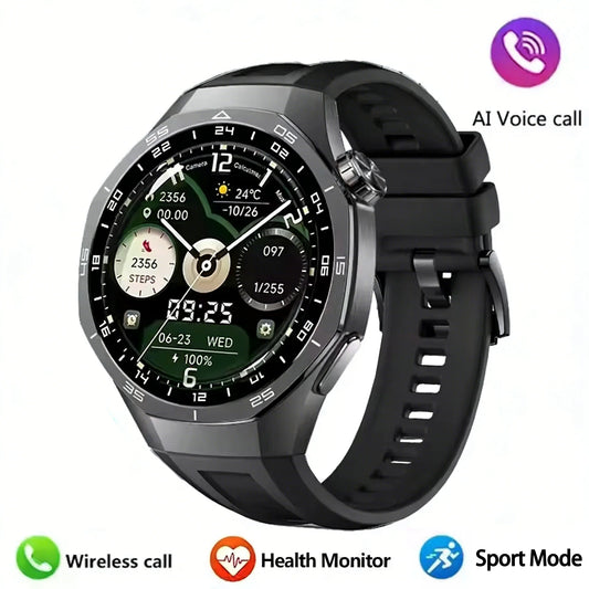 LAXASFIT smartwatch with a black strap on a white background, displaying various functions.