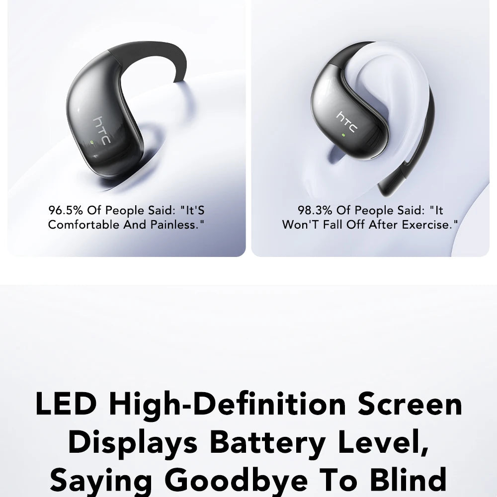 Two HTC wireless earbuds with text on a white background