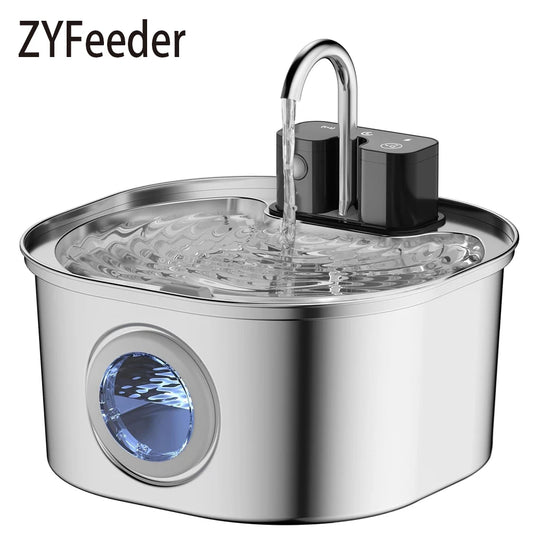 ZYFeeder pet water fountain with water flowing on a white background