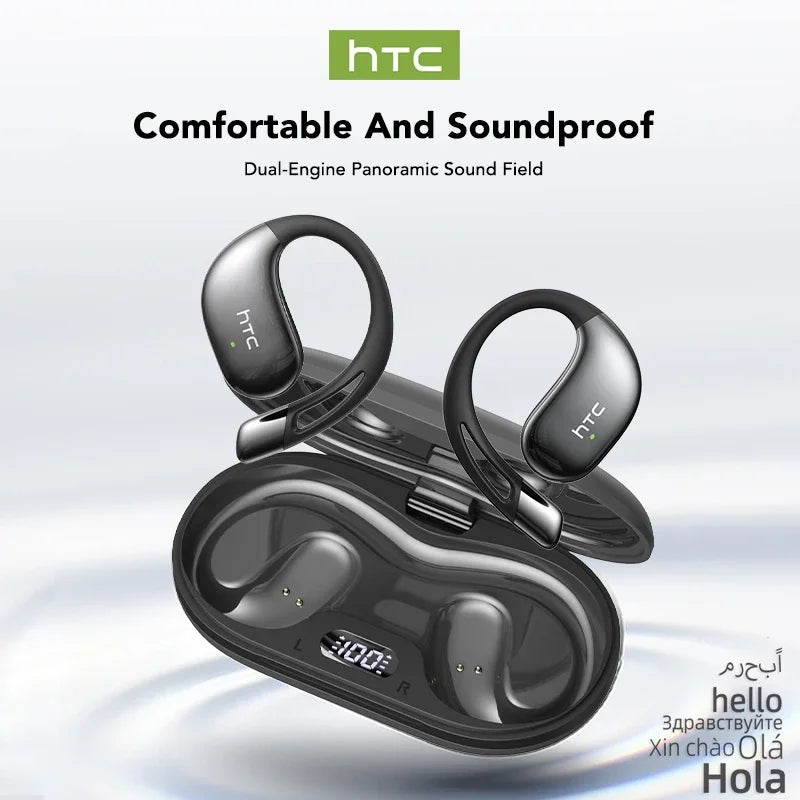 Black HTC wireless earbuds with charging case on a light gray background