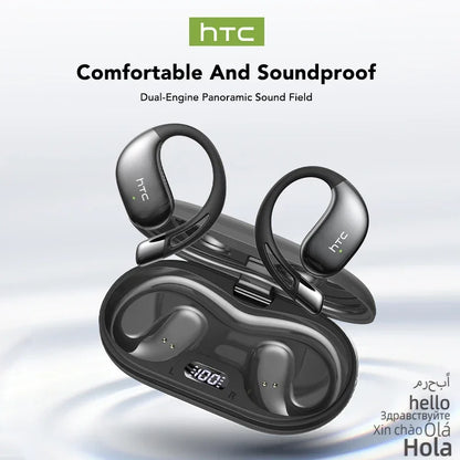 Black HTC wireless earbuds with charging case on a light gray background
