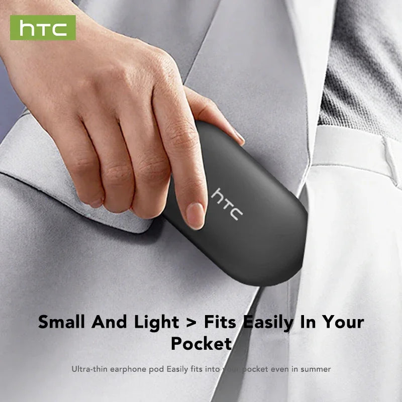 Person holding a small HTC device with text about its portability.
