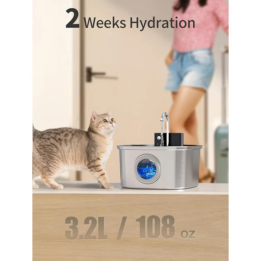 Cat standing next to a pet water fountain with text indicating hydration duration and volume.
