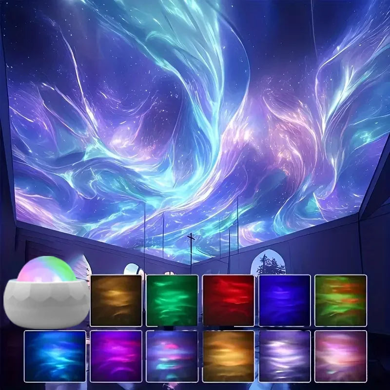 A dark room with a large ceiling LED Lights showing a swirling cosmic sky in blue, purple, and teal. a small glowing led projector appears in the lower left.