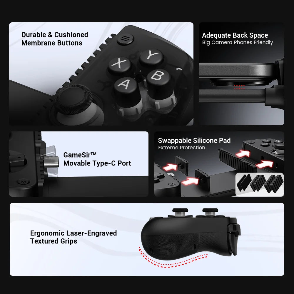 GameSir X5 Lite handheld mobile gaming controller with features highlighted on a white background