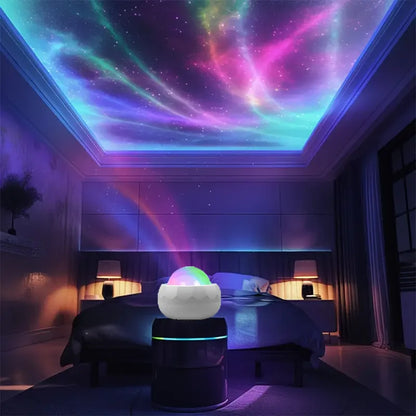 Room with a colorful sky projection above a bed, featuring a glowing LED Projector device.