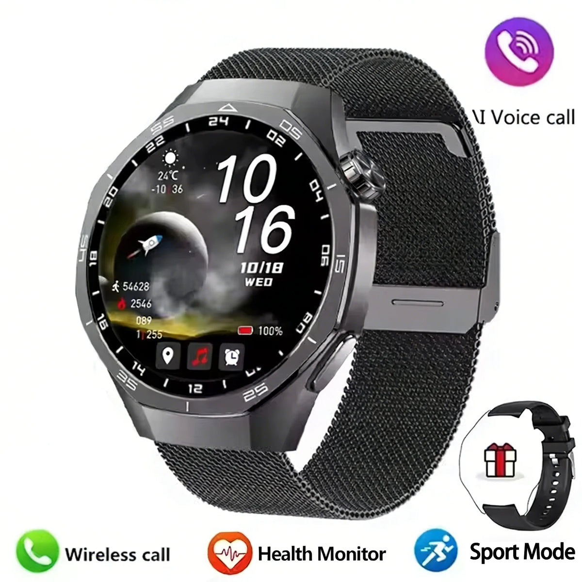 LAXASFIT smartwatch with black mesh band on a white background, featuring app icons and text.