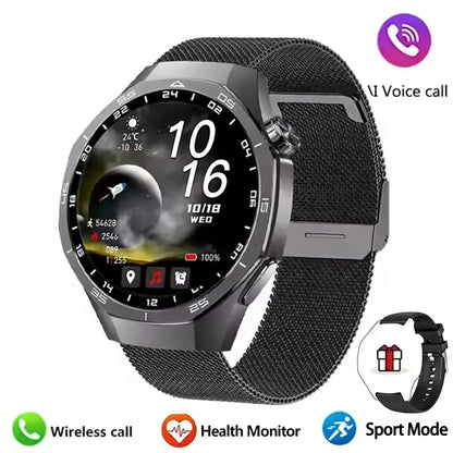 LAXASFIT smartwatch with black mesh band on a white background, featuring app icons and text.