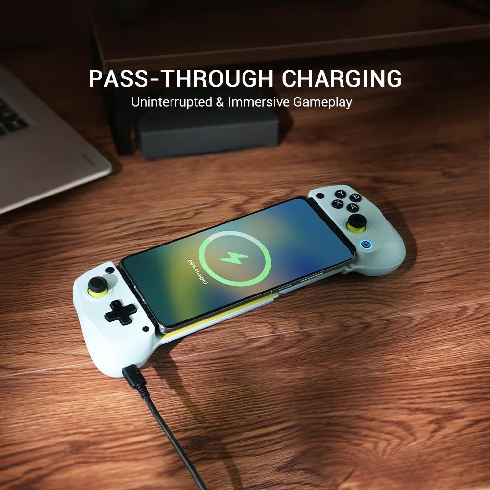 GameSir X5 Lite handheld mobile gaming controller with phone pass-through charging on a wooden surface, with text 'Pass-Through Charging' and 'Uninterrupted & Immersive Gameplay'.