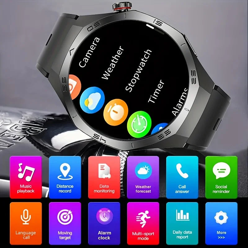 LAXASFIT smartwatch with app icons displayed on the screen against a dark background
