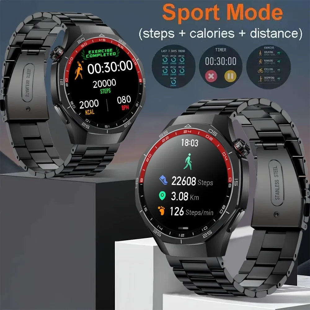 LAXASFIT smartwatch with metal band displaying fitness stats on a gray background