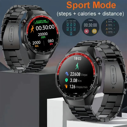 LAXASFIT smartwatch with metal band displaying fitness stats on a gray background