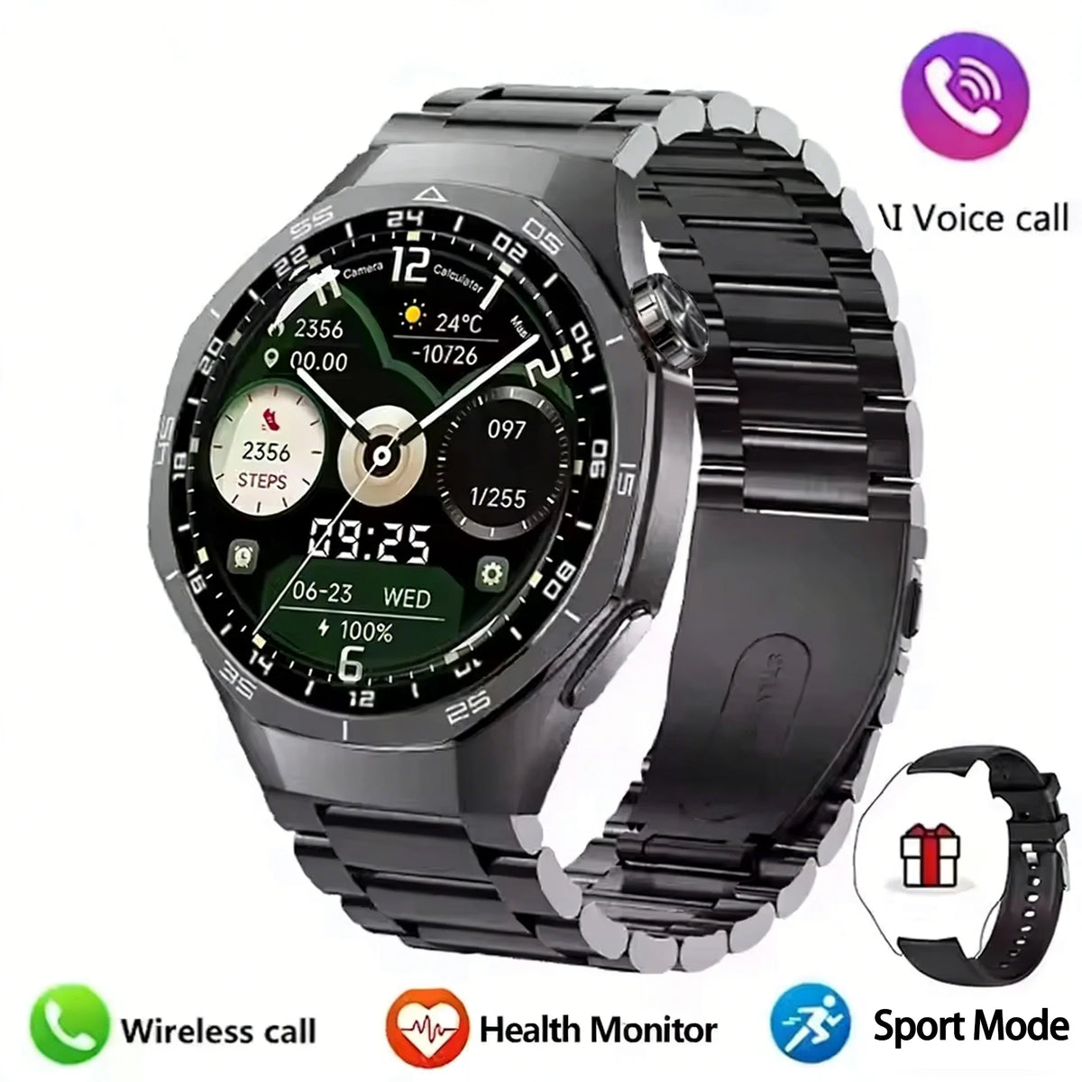 LAXASFIT smartwatch with metallic band on a white background, featuring health monitor, wireless call, and sport mode icons.