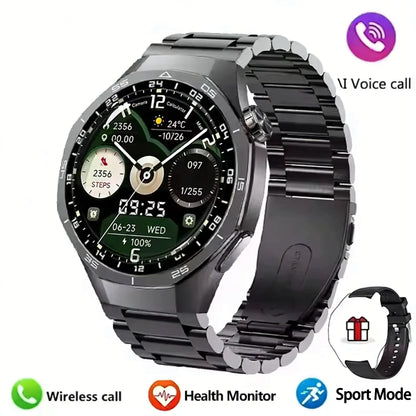 LAXASFIT smartwatch with metallic band on a white background, featuring health monitor, wireless call, and sport mode icons.