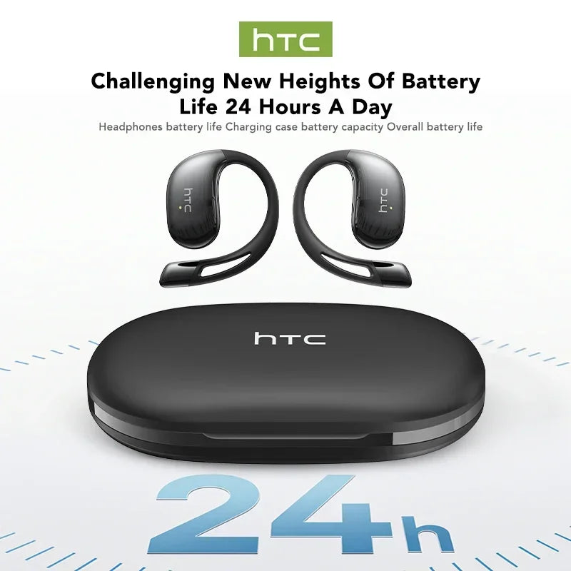 HTC wireless earbuds with charging case on a white background