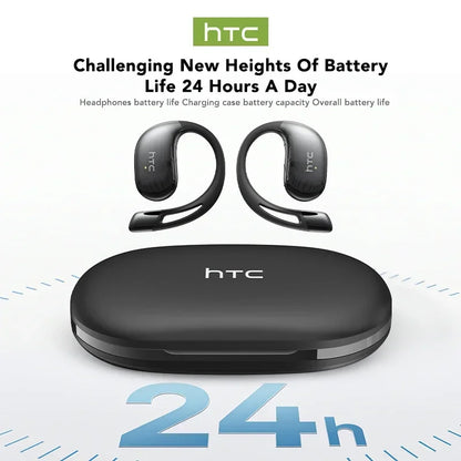 HTC wireless earbuds with charging case on a white background