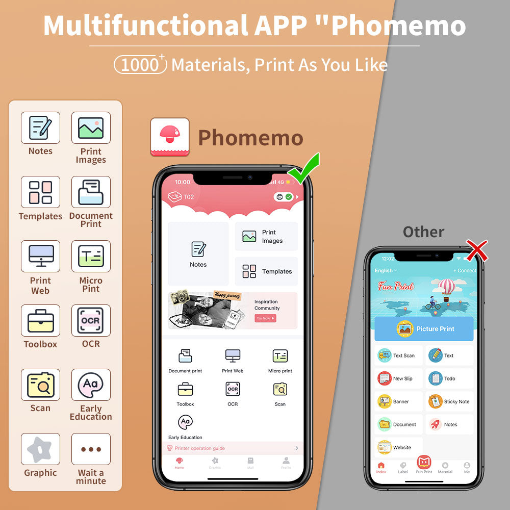 Multifunctional APP 'Phomemo' with smartphone screens displaying app features on a beige and gray background.