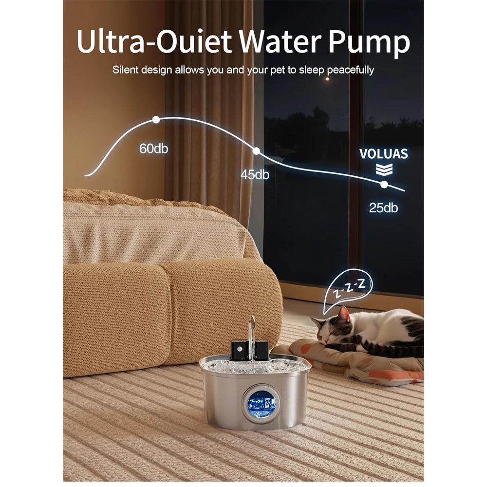 Ultra-quiet water pump with VOLUAS branding in a bedroom setting, showing a cat sleeping peacefully.